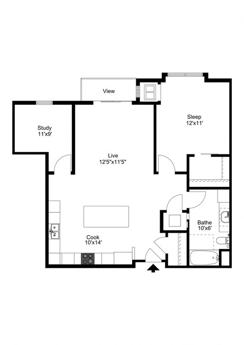 Floor plan for 1 bed, 1 bath, 954 sqft